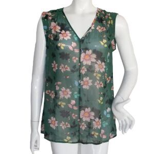 CABI Top, S, Green, Sleeveless, Sheer, Shadow Blue, Daisy Vine, 1 pc, Style 3619